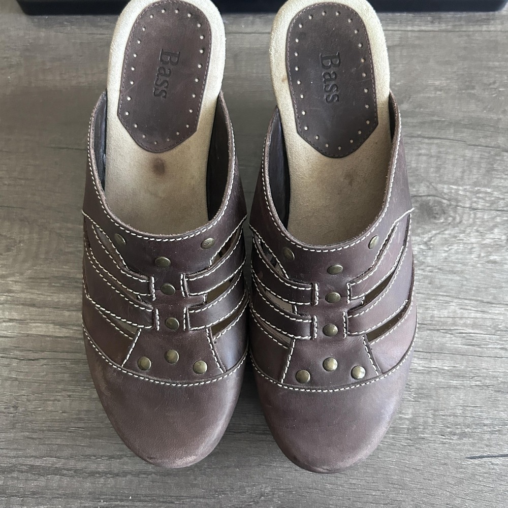 Bass Patsy Shoes Womens Size 8.5 Brown Leather Studded Slip‎ On Wedge Heel Clogs